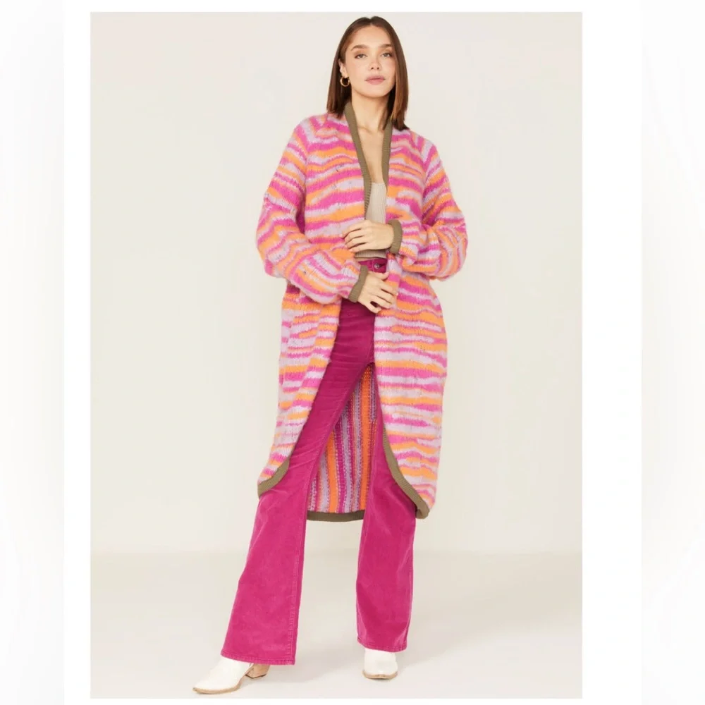 Free People Pink Orange Striped Long Cardigan
